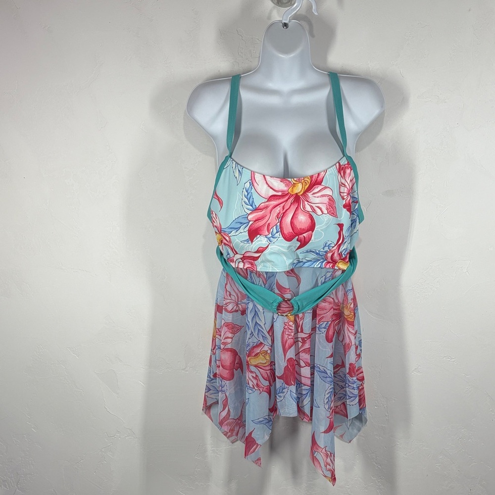 Floral Blue and Pink Mesh Swim Tank side 2XL